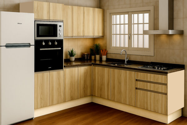 Cocina en ángulo con Horno de empotrar en torre.